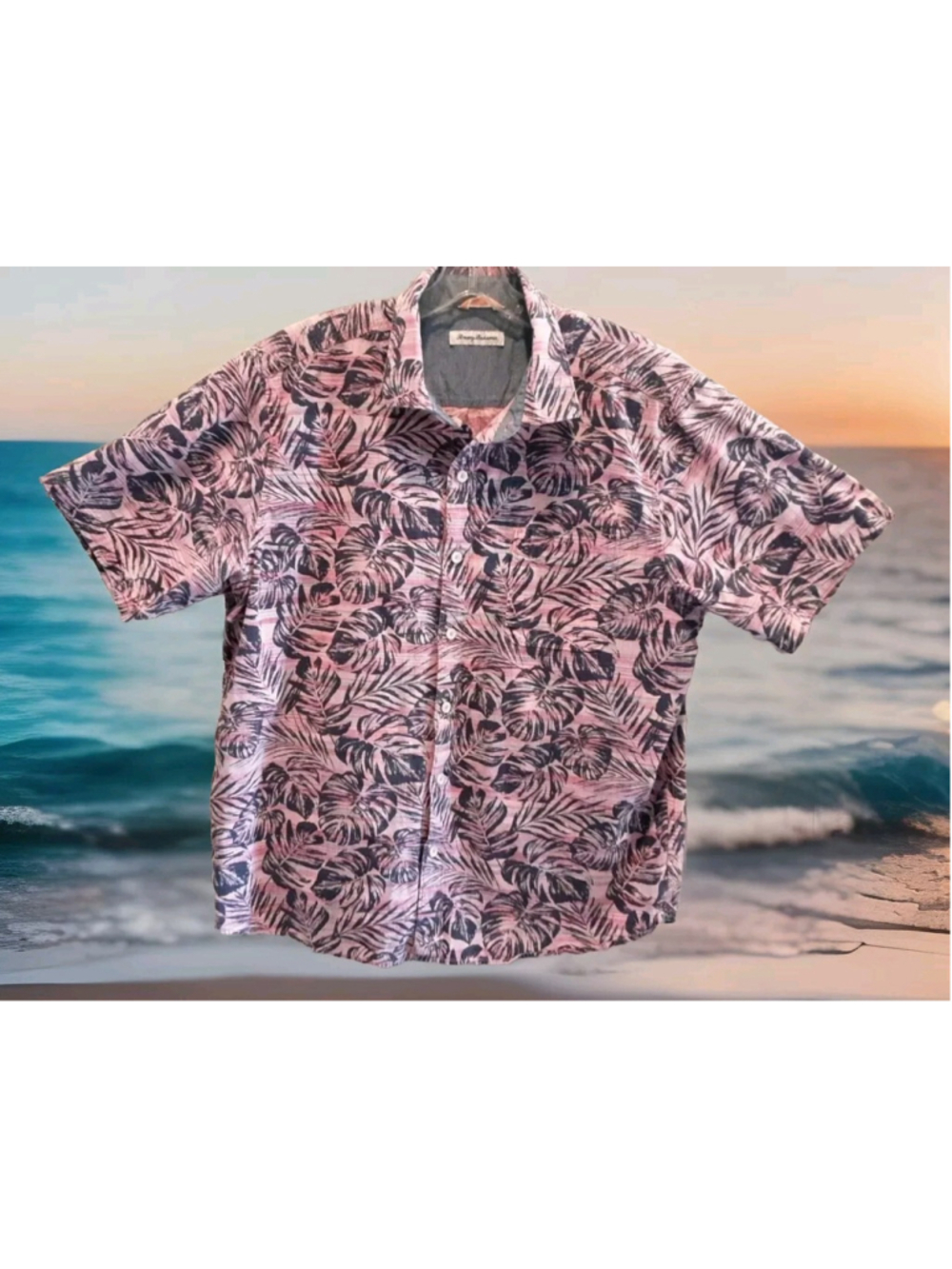 TOMMY BAHAMA-Santa Rosa Palms-ST326070 Cotton Camp Shirt Pink Navy Sz XL